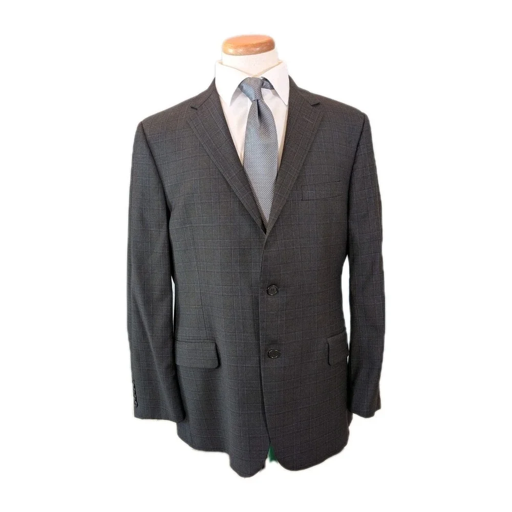Hickey Freeman Suit Mens 44R Gray Blue Windowpane 2 Button 100% Wool 36x29 USA